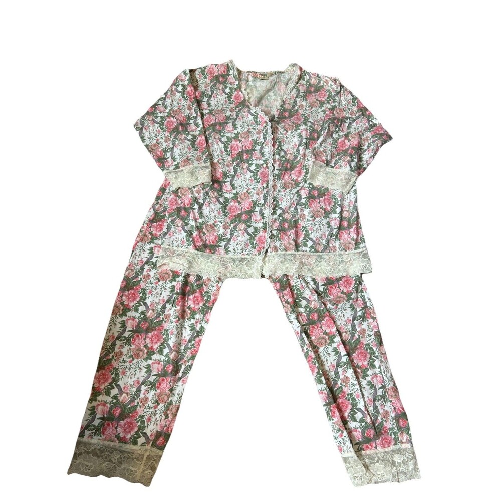Vintage Victorias Secret Gold Label Pajama Set Floral Lace Trim Sz S Cottagecore